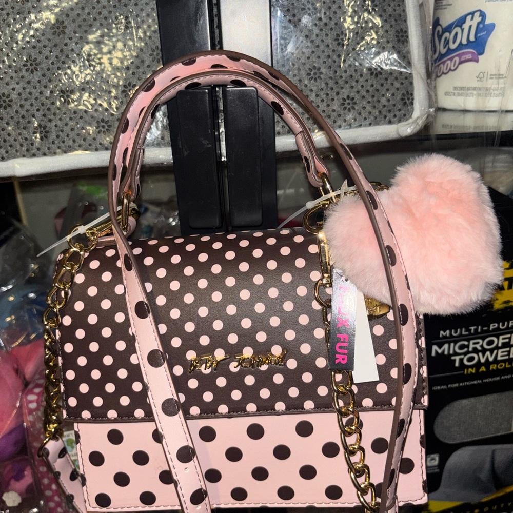 Pink and Brown Polka Dot Top-Handle Crossbody Bag